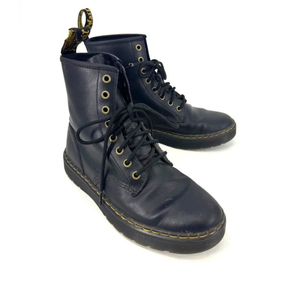 Dr. Martens‎ Zavala Black Leather Combat Boots Womens 8 Yellow Stitching